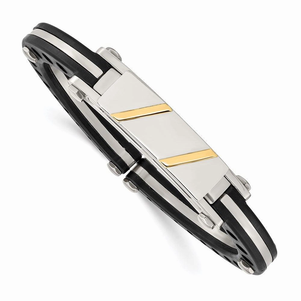Stainless Steel Black PVC & 14k Yellow Inlay Hinged Bangle