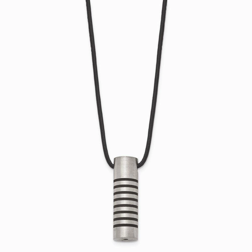 Stainless Steel Black Rubber Accent Leather Cord Necklace