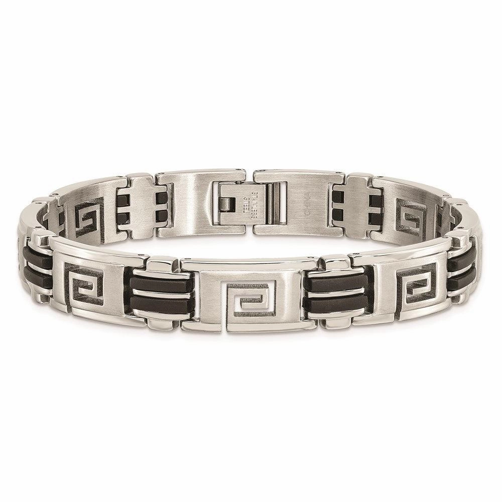 Stainless Steel Black Rubber Brushed & Polished 8.5in Bracelet