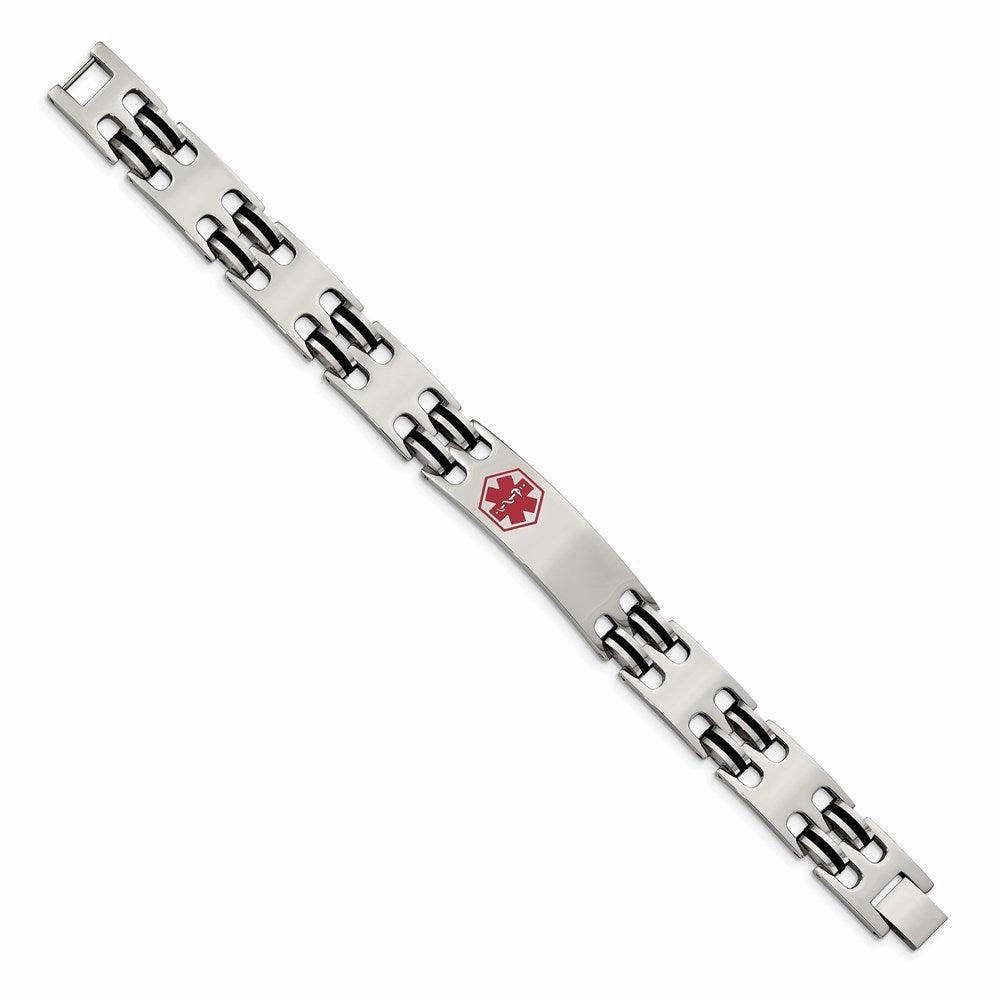 Stainless Steel Black Rubber Red Enamel 8.25in Medical Bracelet