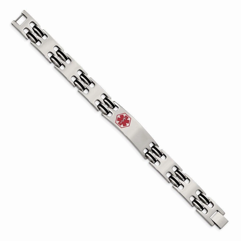 Stainless Steel Black Rubber Red Enamel 8.25in Medical Bracelet