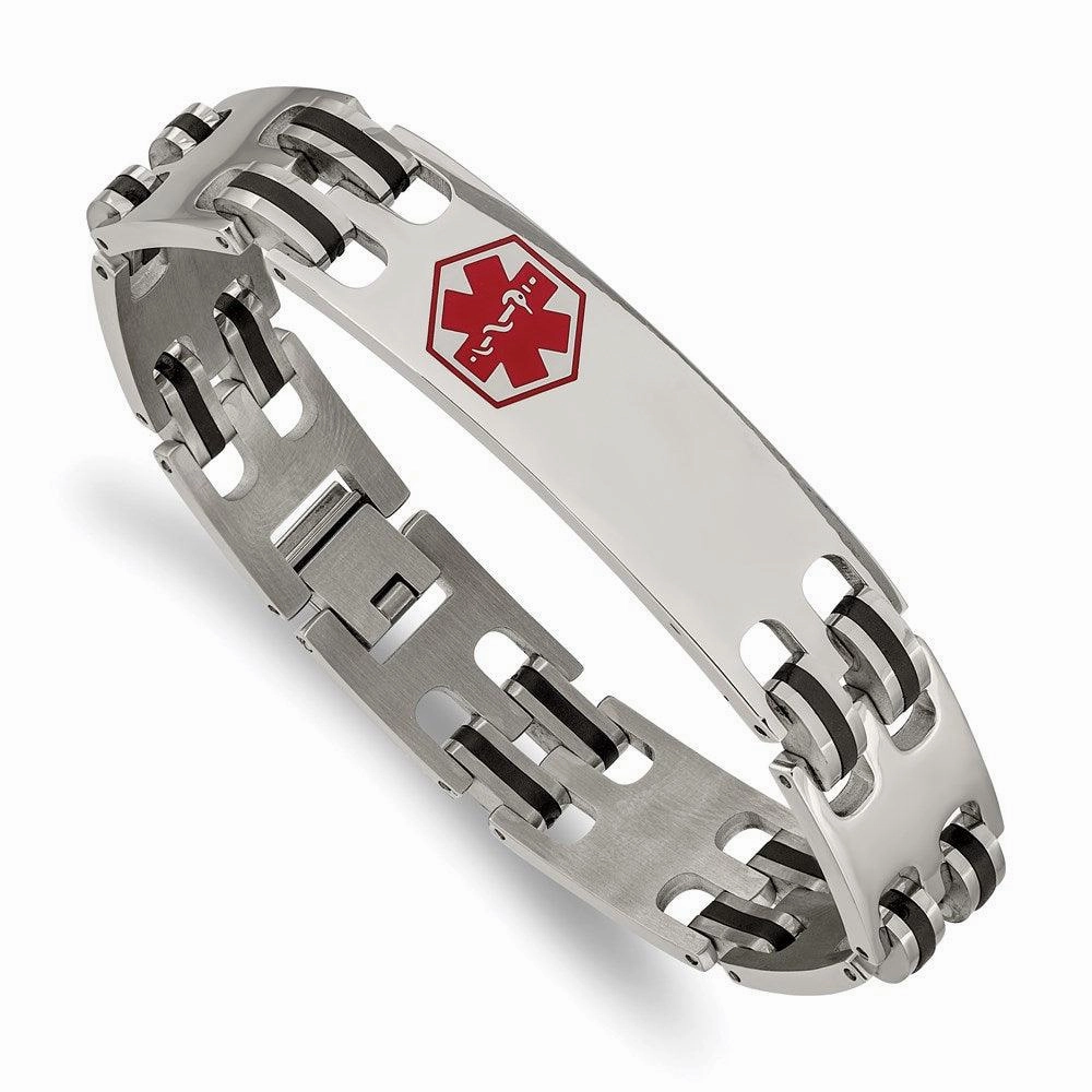 Stainless Steel Black Rubber Red Enamel 8.25in Medical Bracelet