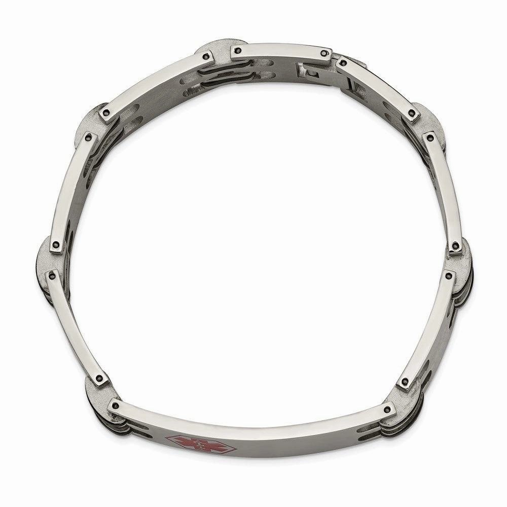 Stainless Steel Black Rubber Red Enamel 8.25in Medical Bracelet