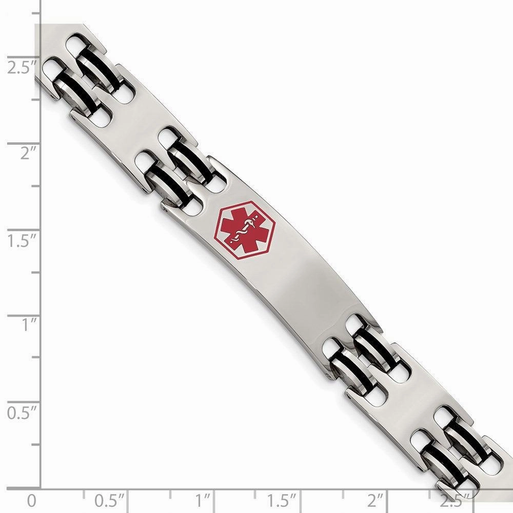 Stainless Steel Black Rubber Red Enamel 8.25in Medical Bracelet
