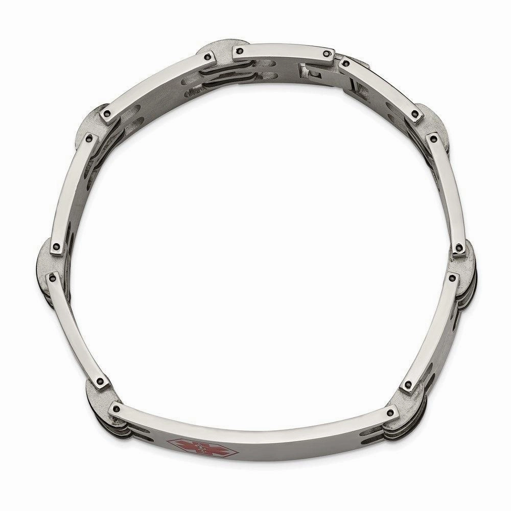Stainless Steel Black Rubber Red Enamel 8.25in Medical Bracelet