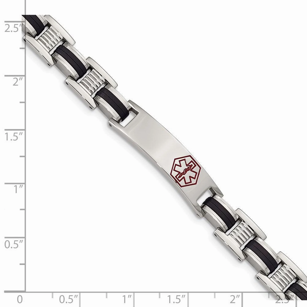 Stainless Steel Black Rubber Red Enamel 8in Medical Bracelet