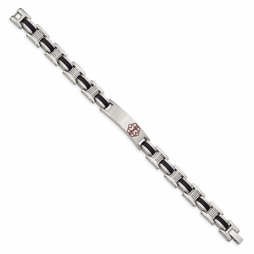 Stainless Steel Black Rubber Red Enamel 8in Medical Bracelet