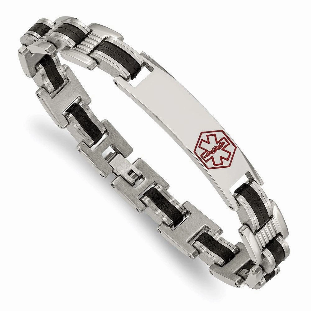 Stainless Steel Black Rubber Red Enamel 8in Medical Bracelet