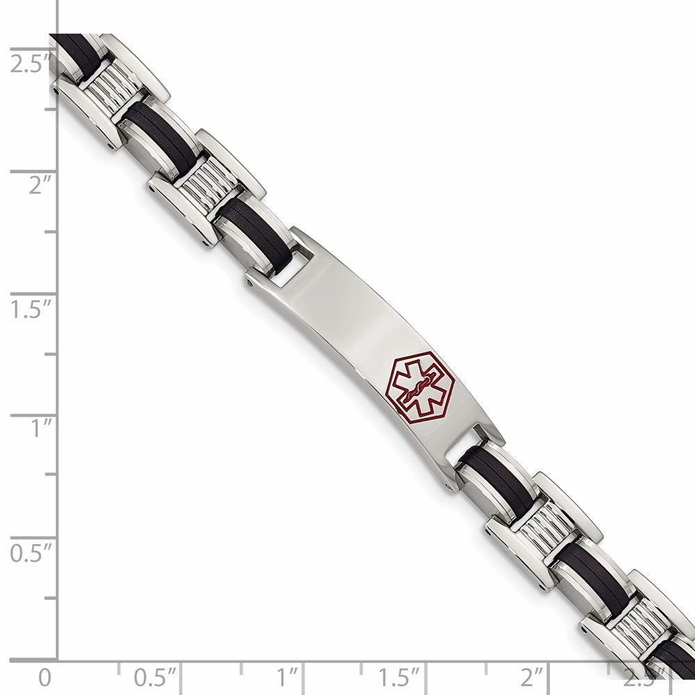 Stainless Steel Black Rubber Red Enamel 8in Medical Bracelet