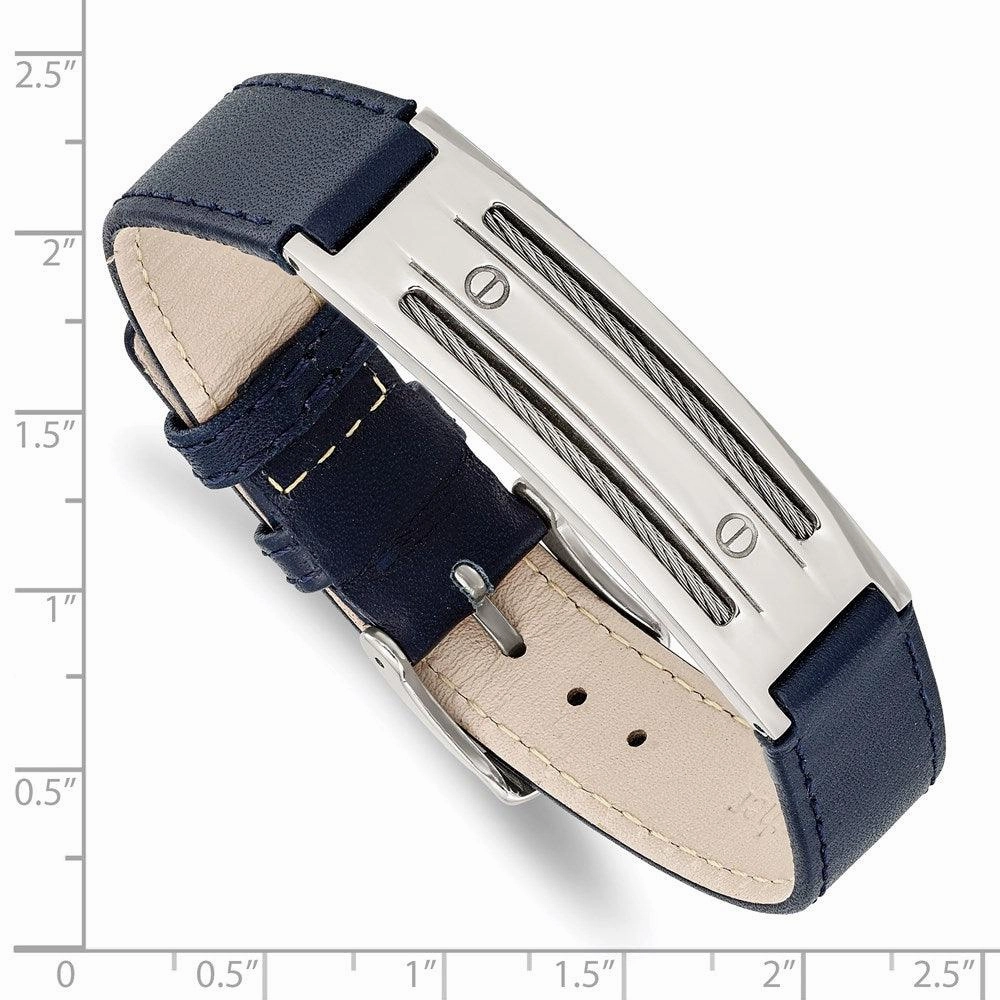 Stainless Steel Blue Leather w/Wire Adjustable Buckle Bracelet
