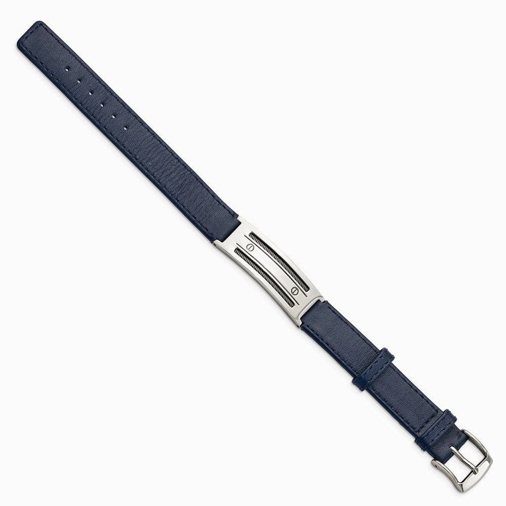 Stainless Steel Blue Leather w/Wire Adjustable Buckle Bracelet