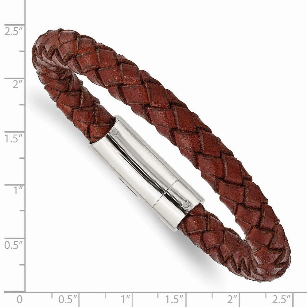 Stainless Steel Brown Leather 8.5in Bracelet