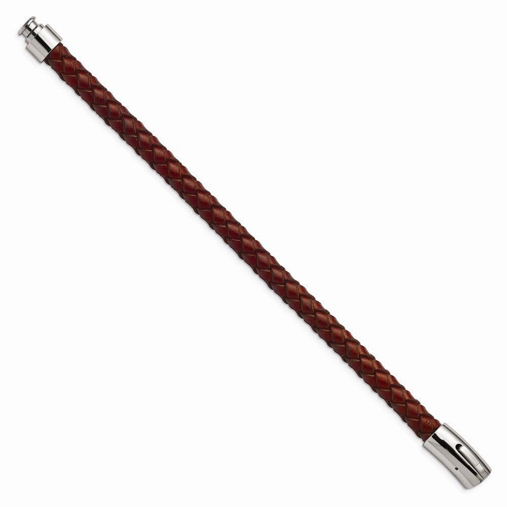 Stainless Steel Brown Leather 8.5in Bracelet