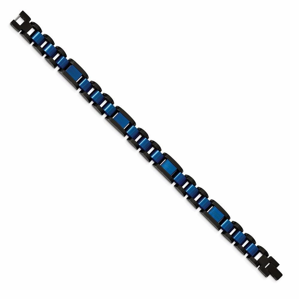 Stainless Steel Brushed & Polished Black & Blue IP-plated 8.75in Bracelet