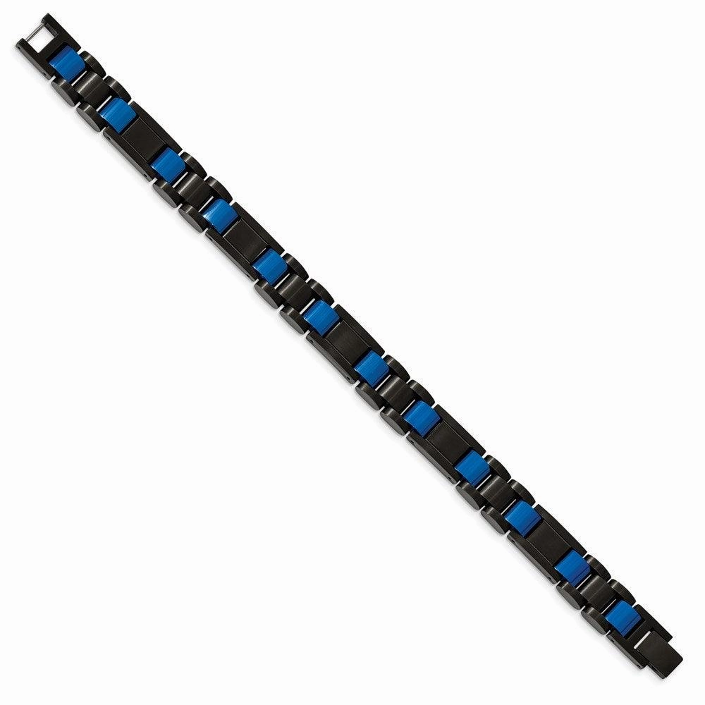Stainless Steel Brushed & Polished Black & Blue IP-plated 8.75in Bracelet