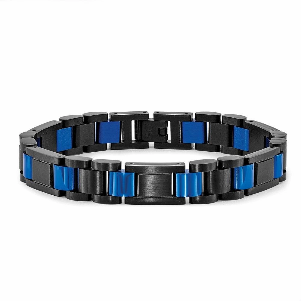 Stainless Steel Brushed & Polished Black & Blue IP-plated 8.75in Bracelet