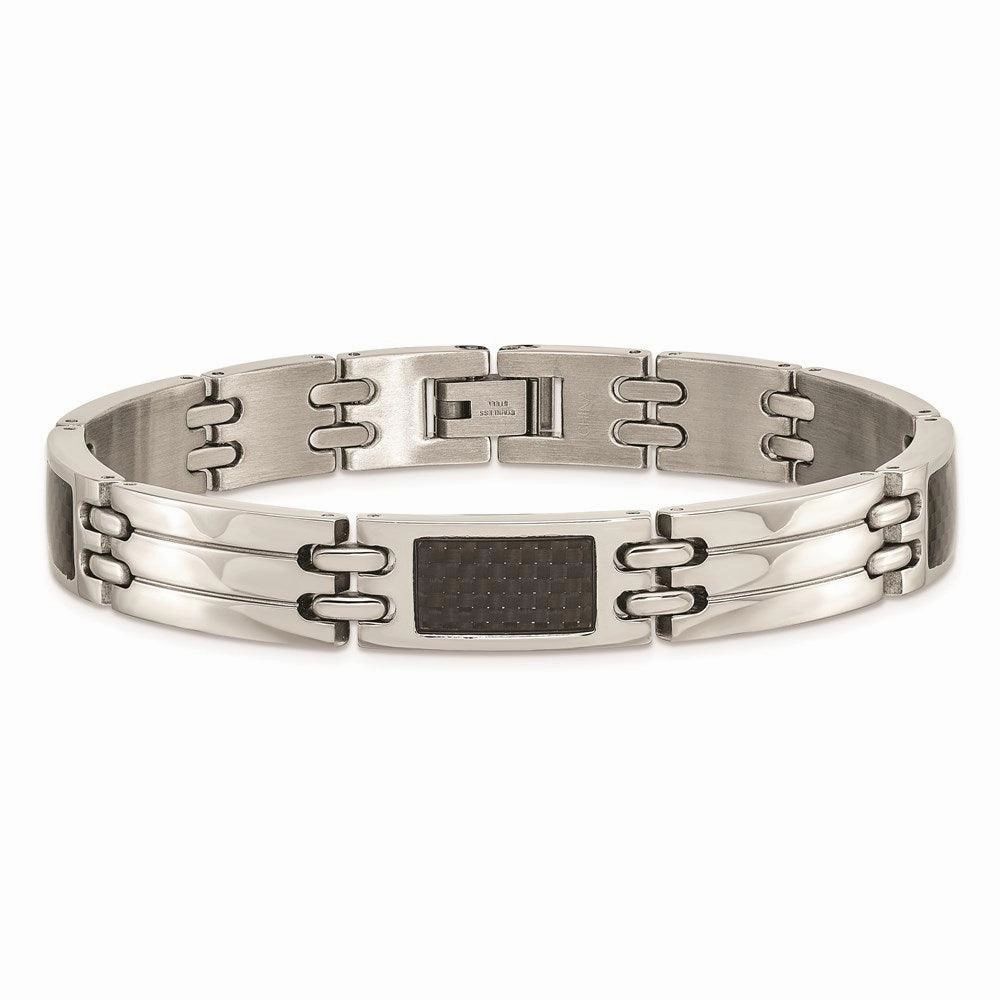 Stainless Steel Brushed & Polished Black Carbon Fiber Inlay 8.5in Bracelet