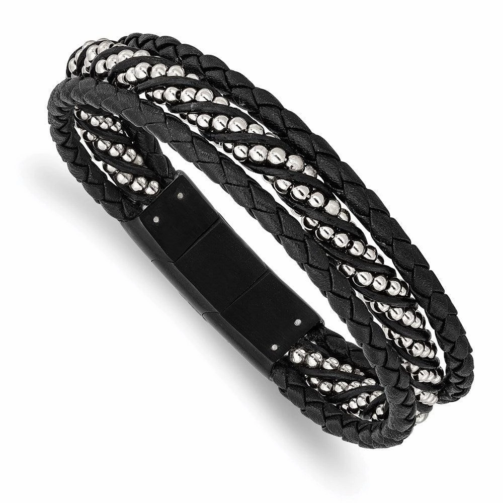 Stainless Steel Brushed & Polished Black IP Leather w/.5in ext 8in Bracelet