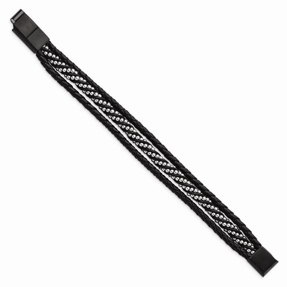 Stainless Steel Brushed & Polished Black IP Leather w/.5in ext 8in Bracelet