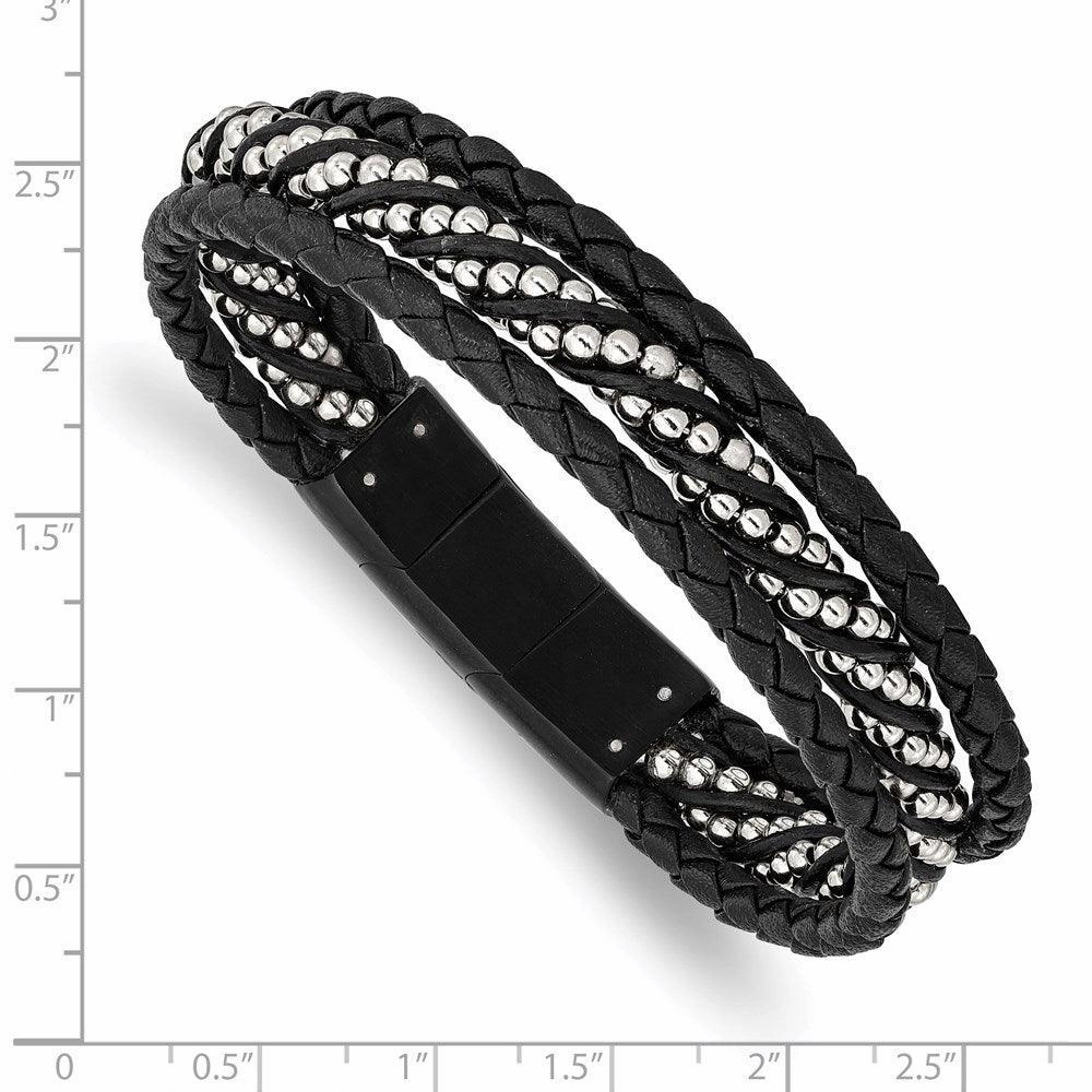 Stainless Steel Brushed & Polished Black IP Leather w/.5in ext 8in Bracelet