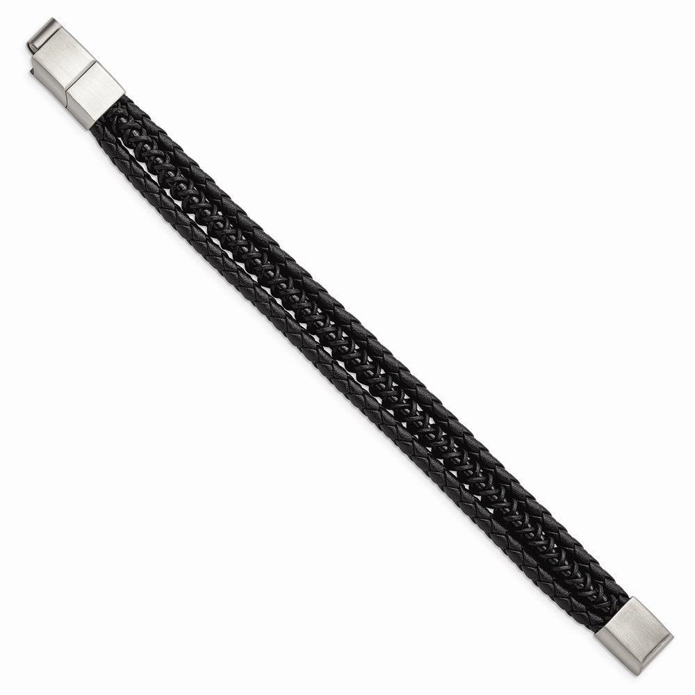 Stainless Steel Brushed & Polished Black IP Leather w/.5in ext Bracelet