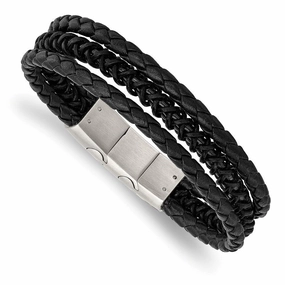 Stainless Steel Brushed & Polished Black IP Leather w/.5in ext Bracelet