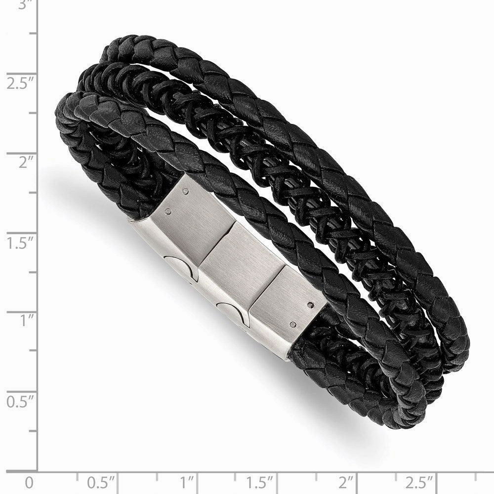 Stainless Steel Brushed & Polished Black IP Leather w/.5in ext Bracelet
