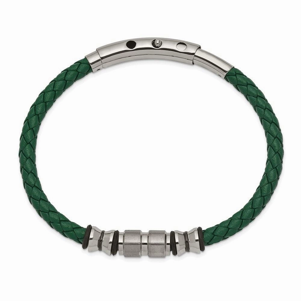 Stainless Steel Brushed & Polished Black IP/Rubber Green Leather Adj. Brace