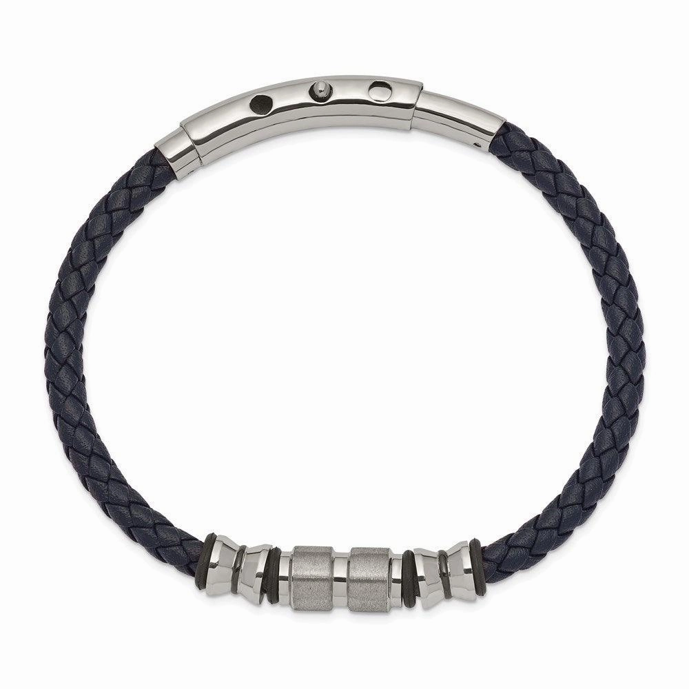 Stainless Steel Brushed & Polished Blk IP/Rubber Blue Leather Adj. Bracelet