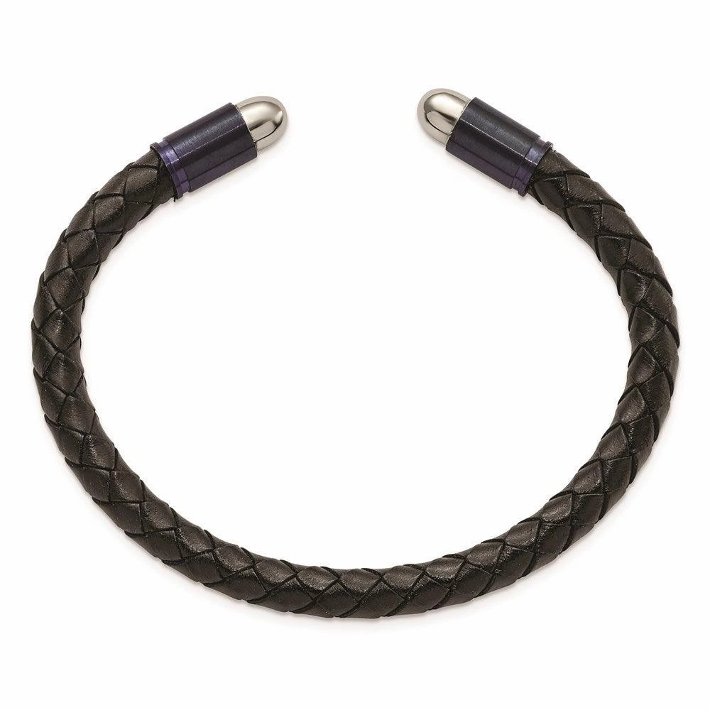 Stainless Steel Brushed & Polished Dark Grey IP Blk Leather Flexible Bangle