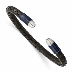 Stainless Steel Brushed & Polished Dark Grey IP Blk Leather Flexible Bangle