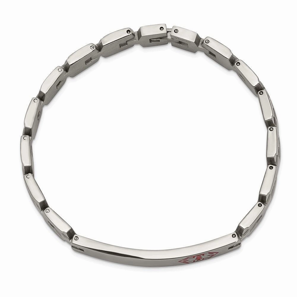Stainless Steel Brushed & Polished Red Enamel 8in Medical Bracelet
