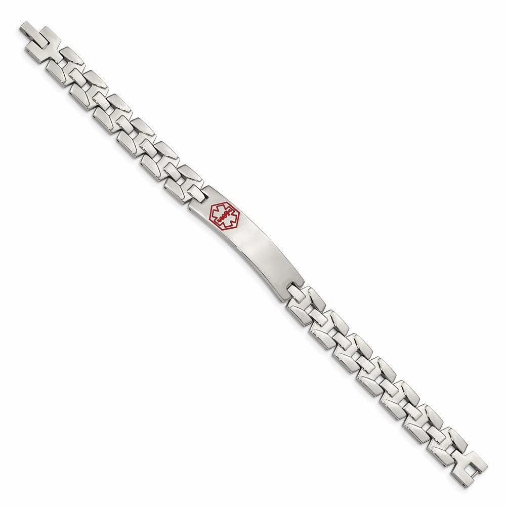Stainless Steel Brushed & Polished Red Enamel 8in Medical Bracelet