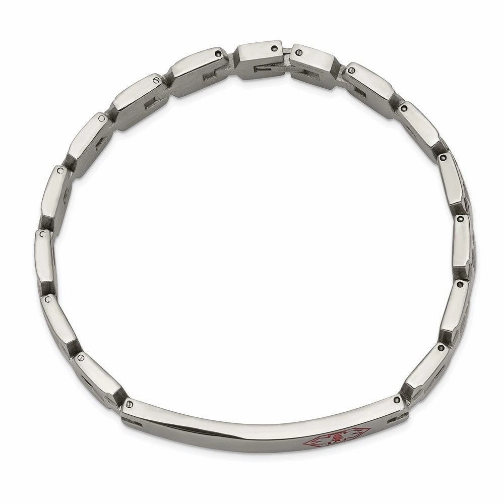 Stainless Steel Brushed & Polished Red Enamel 8in Medical Bracelet