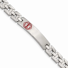 Stainless Steel Brushed & Polished Red Enamel 8in Medical Bracelet