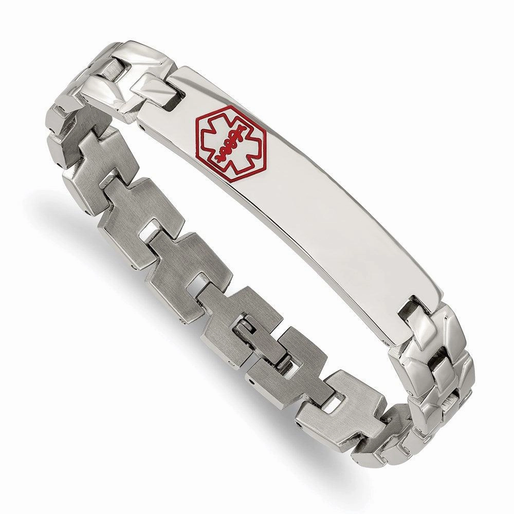 Stainless Steel Brushed & Polished Red Enamel 8in Medical Bracelet