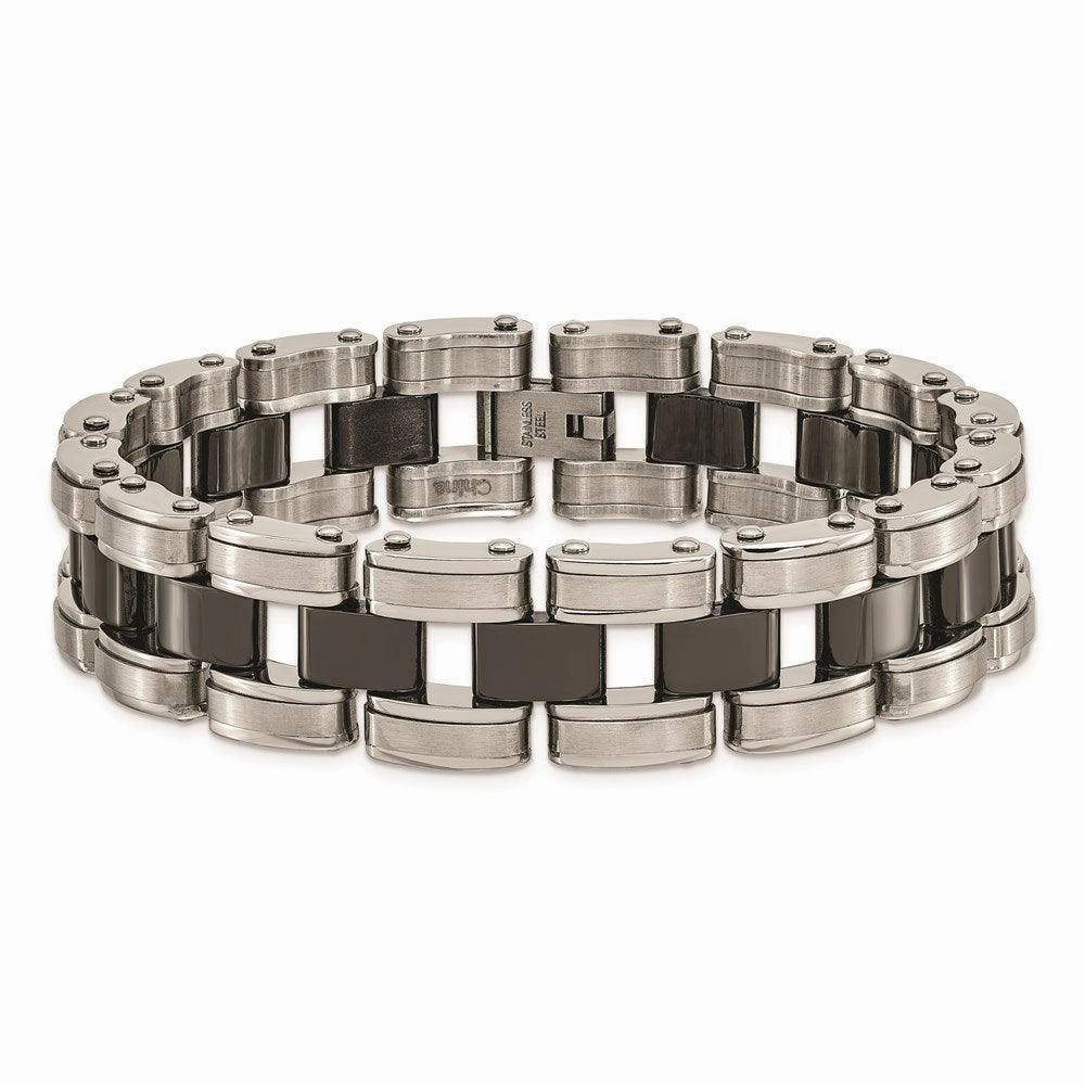 Stainless Steel Brushed & Polished w/Black Ceramic Link Bracelet