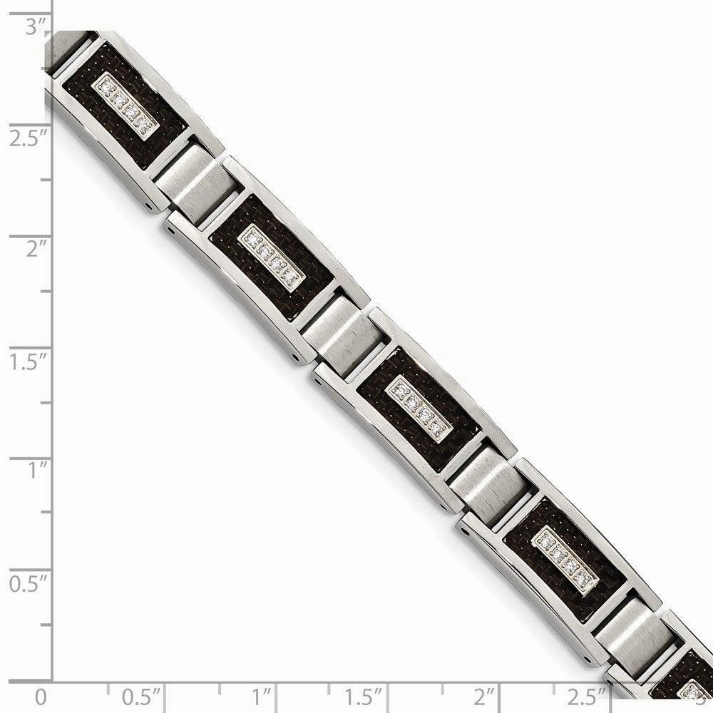 Stainless Steel Brushed & Polished w/CZ Black Carbon Fiber Inlay Bracelet