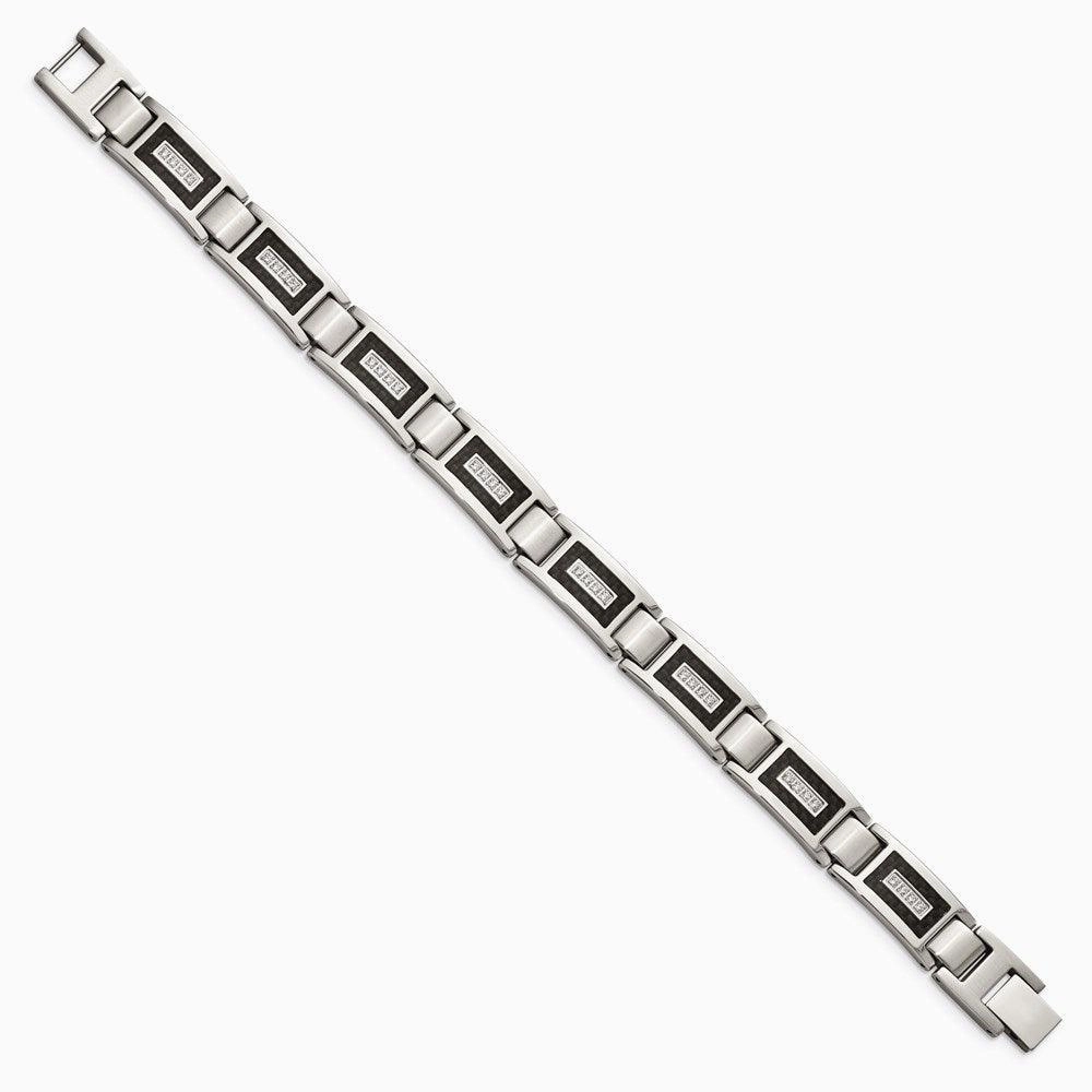 Stainless Steel Brushed & Polished w/CZ Black Carbon Fiber Inlay Bracelet