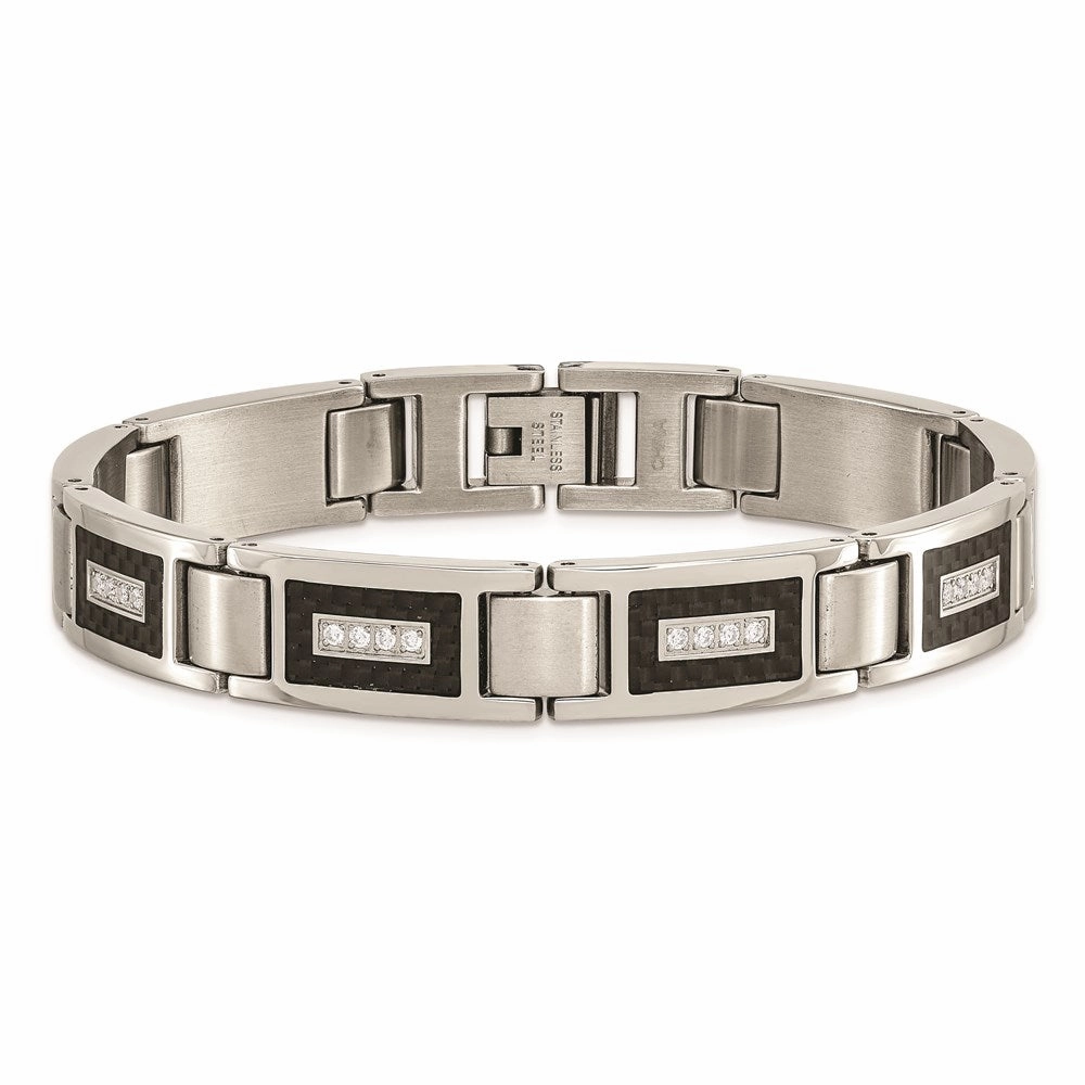 Stainless Steel Brushed & Polished w/CZ Black Carbon Fiber Inlay Bracelet