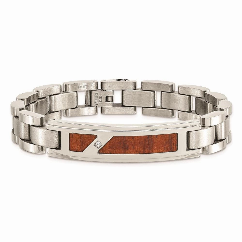 Stainless Steel Brushed & Polished w/ Wood Inlay and CZ Bracelet