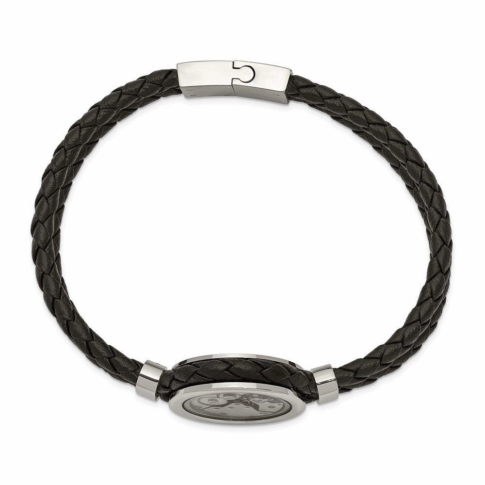 Stainless Steel Brushed & Polished Yellow IP w/CZ & Leather 8.5in Bracelet