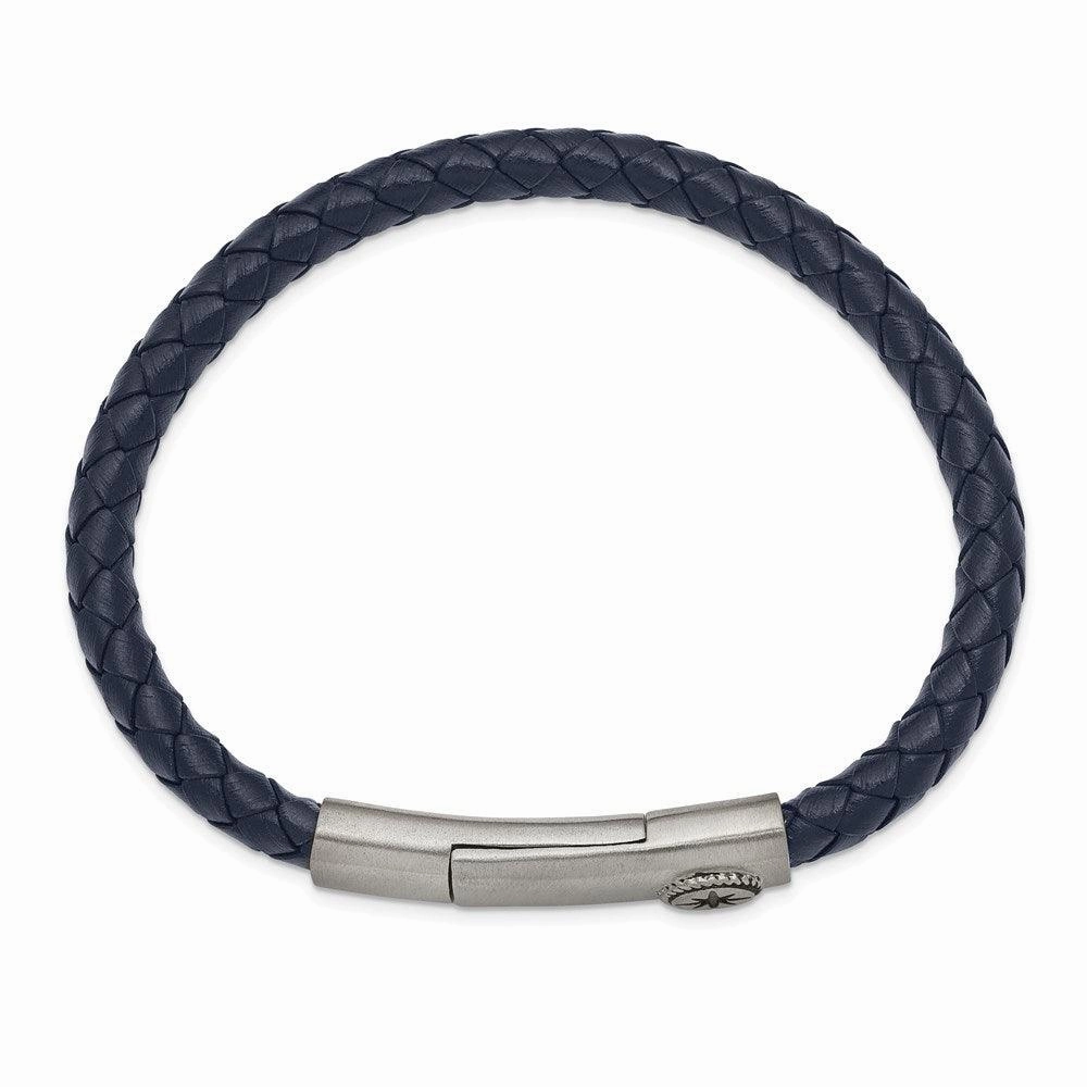 Stainless Steel Brushed and Oxidized Blue Leather Compass 8in Bracelet