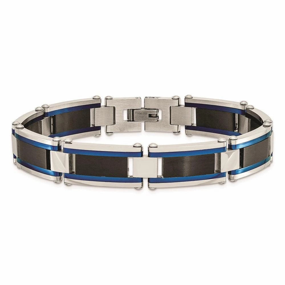 Stainless Steel Brushed and Polished Black & Blue IP-plated 8.75in Bracelet
