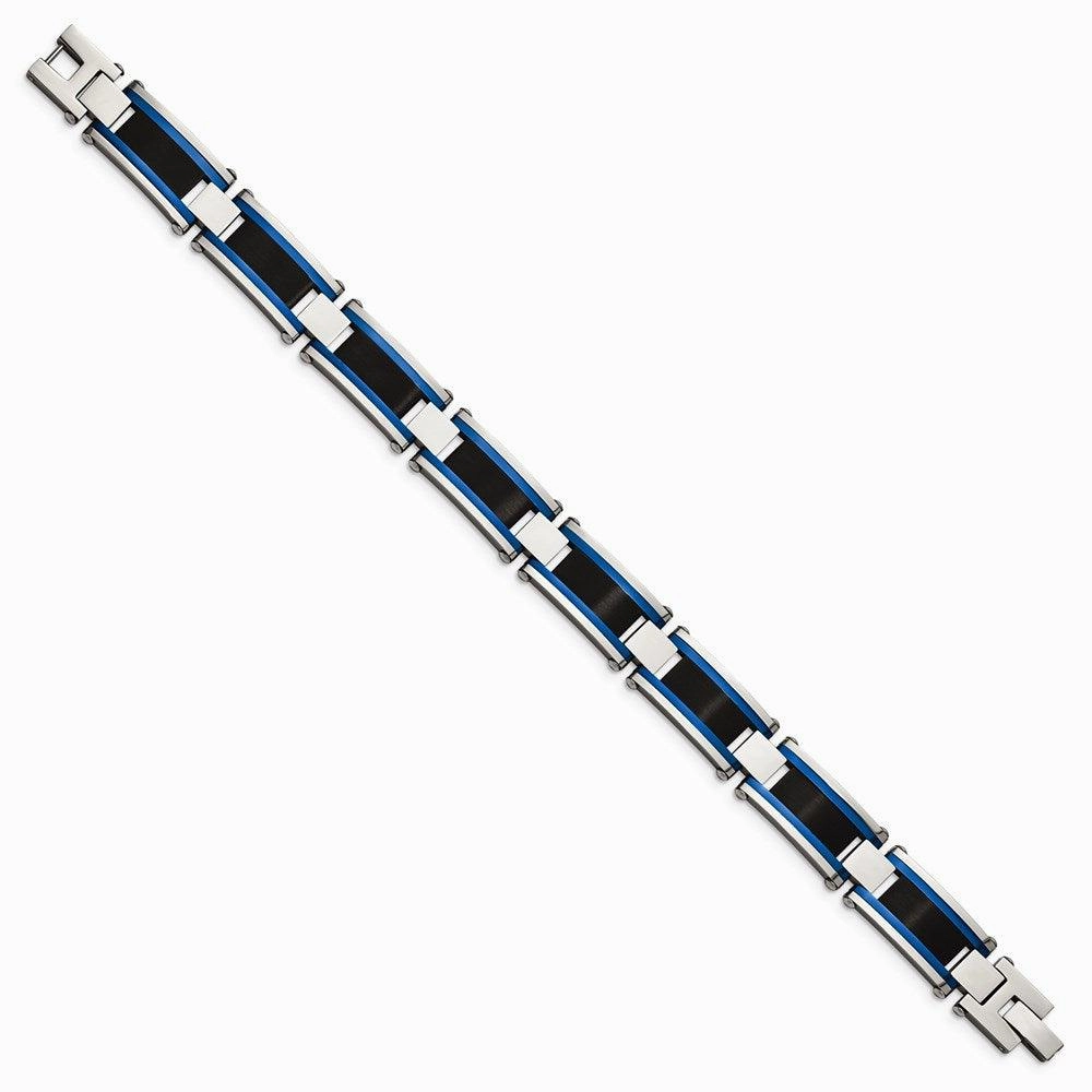 Stainless Steel Brushed and Polished Black & Blue IP-plated 8.75in Bracelet