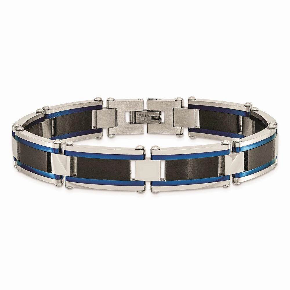 Stainless Steel Brushed and Polished Black & Blue IP-plated 8.75in Bracelet