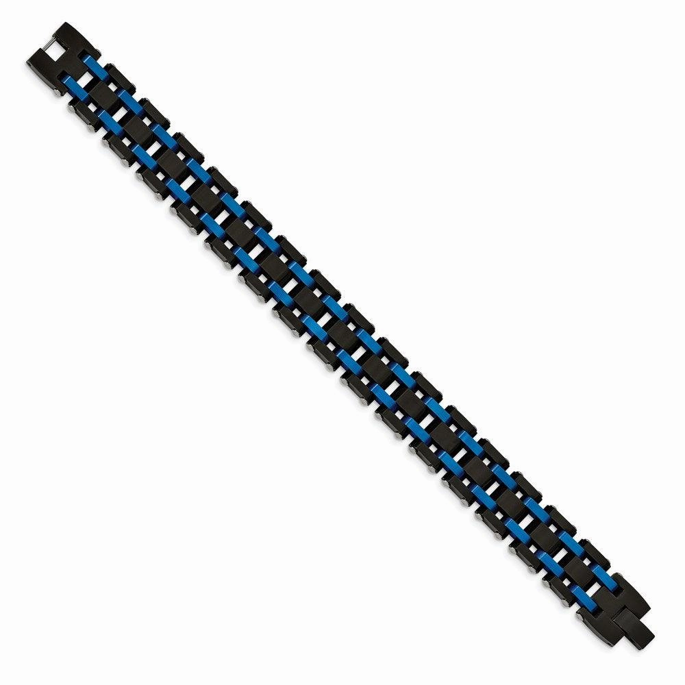 Stainless Steel Brushed and Polished Black/Blue IP-plated 8.5in Bracelet