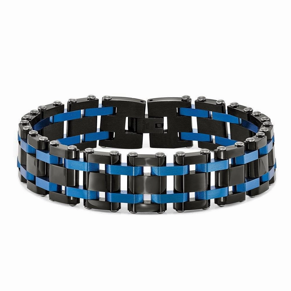 Stainless Steel Brushed and Polished Black/Blue IP-plated 8.5in Bracelet