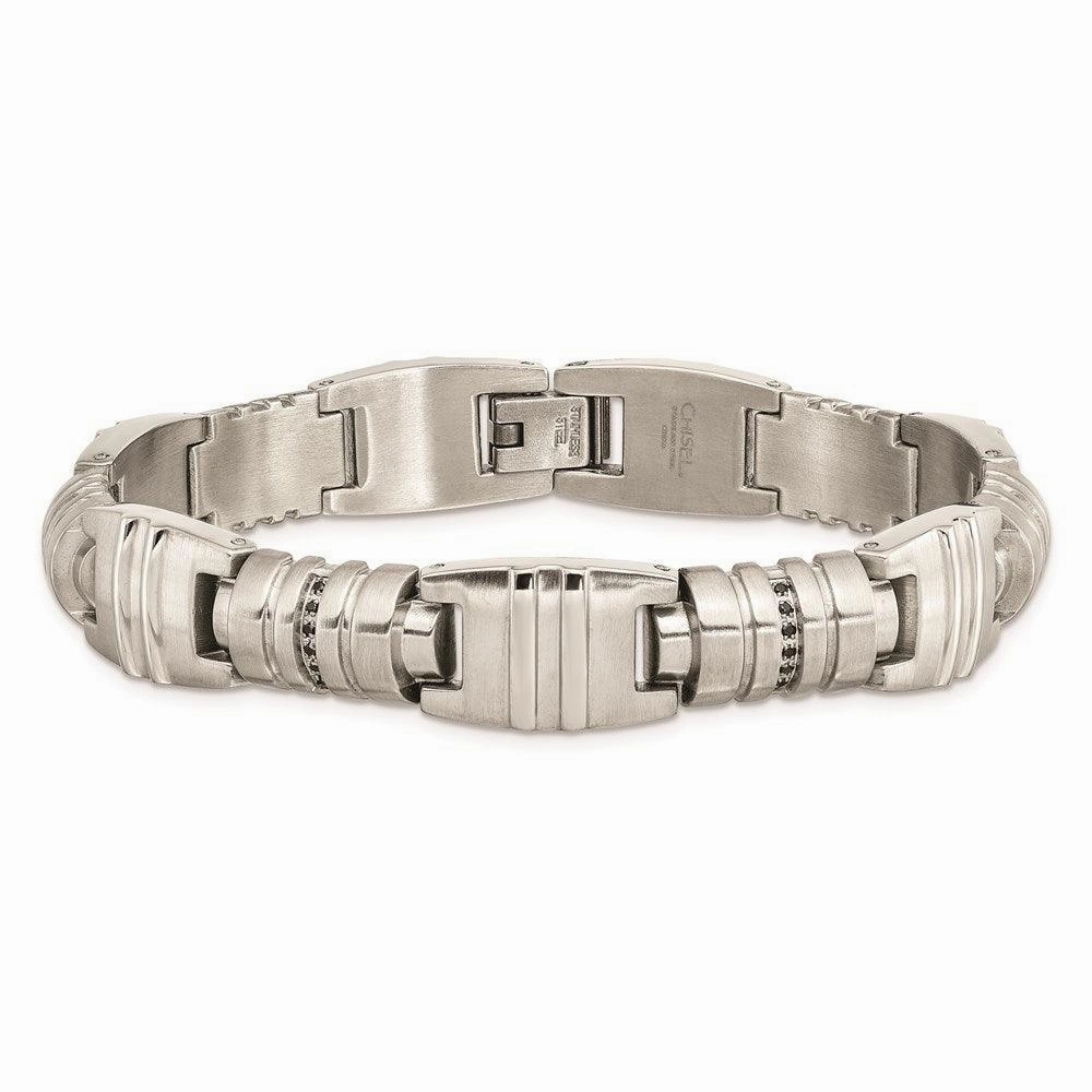 Stainless Steel Brushed and Polished Black CZ Link Bracelet