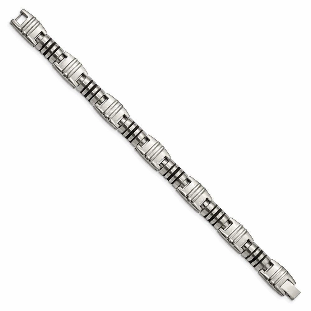 Stainless Steel Brushed and Polished Black Enamel Link Bracelet